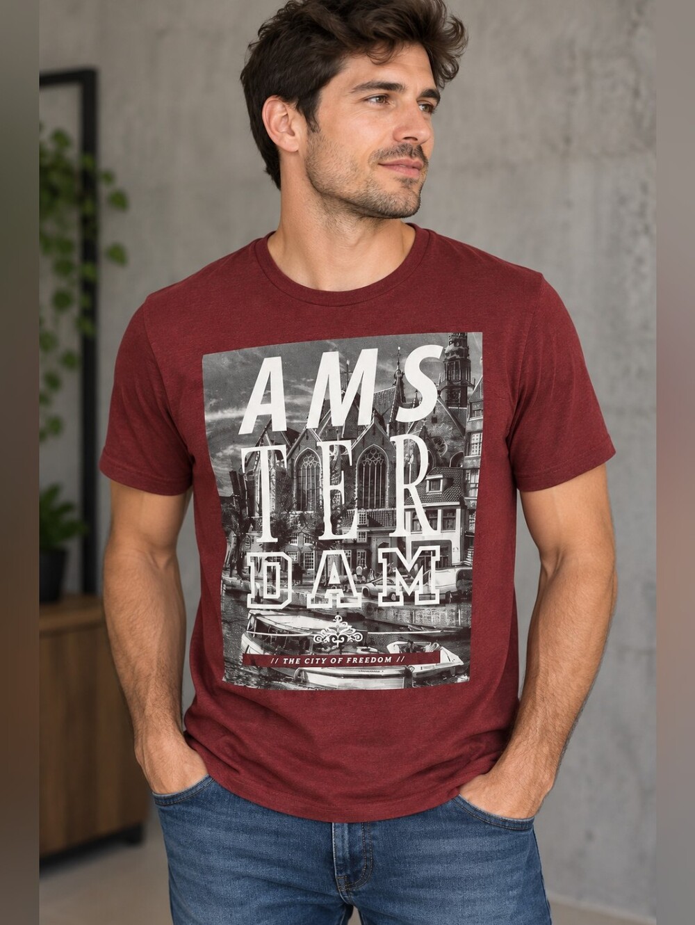 Urban Heritage Men's XL Burgundy Amsterdam Graphic T-Shirt